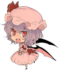 Rule 34 | &gt;:d, 1girl, :d, bat wings, chibi, fang, female focus, hat, minakata sunao, open mouth, red eyes, remilia scarlet, short hair, simple background, smile, solo, touhou, v-shaped eyebrows, white background, wings