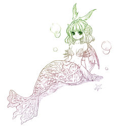 Rule 34 | 1girl, bad id, bad pixiv id, bubble, flameshe, fuku imo, hair ornament, head wings, legend of mana, looking at viewer, mermaid, monochrome, monster girl, scales, seiken densetsu, shell, shell bikini, short hair, simple background, sitting, sketch, solo, starfish, webbed hands, wings
