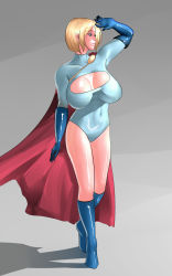 Rule 34 | 1girl, arm up, blonde hair, blue eyes, blue footwear, blue gloves, blue legwear, bob cut, bodysuit, boots, breasts, breasts apart, cape, cleavage cutout, clothing cutout, covered navel, dc comics, elbow gloves, full body, gloves, grey background, half-closed eyes, highres, huge breasts, knee boots, kryptonian, large breasts, leotard, long sleeves, looking to the side, power girl, shading eyes, shadow, shiny skin, short hair, simple background, solo, standing, superhero costume, superman (series), thighs, tiptoes, turtleneck, zxc