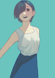 Rule 34 | 1girl, absurdres, aqua background, arm at side, blue skirt, brown eyes, brown hair, commentary request, grin, hair over one eye, highres, looking at viewer, open mouth, original, shirt, short hair, skirt, sleeveless, sleeveless shirt, smile, solo, standing, turquoise iro, white sleeves