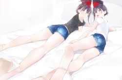 Rule 34 | 2girls, ama mitsuki, ass, asymmetrical hair, bare legs, bed sheet, black shirt, breasts, casual, closed mouth, clothing cutout, commentary request, denim, denim shorts, hair between eyes, headgear, i-13 (kancolle), i-14 (kancolle), kantai collection, kneepits, looking at viewer, looking back, lying, multiple girls, on bed, on side, on stomach, open mouth, pillow, shirt, short hair, short shorts, short sleeves, shorts, shoulder cutout, small breasts, white footwear, white shirt, yellow eyes