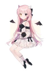 Rule 34 | 1girl, asymmetrical legwear, bad id, bad pixiv id, bare shoulders, beige background, black bow, black choker, black footwear, black wings, blush, bow, brown eyes, choker, clip studio paint (medium), closed mouth, commentary, demon girl, demon horns, demon wings, detached wings, dress, frilled dress, frills, grey eyes, hair bow, heterochromia, highres, horns, long hair, long sleeves, looking at viewer, mini wings, moffle (ayabi), off-shoulder dress, off shoulder, original, pink hair, puffy long sleeves, puffy sleeves, shoes, socks, solo, symbol-only commentary, two-tone background, uneven legwear, very long hair, white background, white dress, white socks, wings
