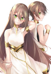 Rule 34 | 1boy, 1girl, absurdres, adele (fate), arm behind head, armlet, armpits, bare shoulders, bracelet, breasts, brown hair, collar, dress, fate/grand order, fate (series), green eyes, hair between eyes, highres, jewelry, long hair, looking at viewer, makarios (fate), medium breasts, metal collar, open mouth, oriuo q, robe, short hair, simple background, white background, white dress, white robe