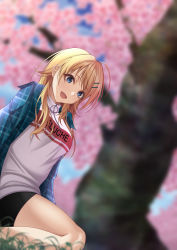 Rule 34 | 1girl, ahoge, bare legs, blonde hair, blue eyes, blurry, blurry background, breasts, cherry blossoms, dutch angle, hachimiya meguru, hair flaps, hair ornament, hairclip, highres, idolmaster, idolmaster shiny colors, jacket, kazushisummer, long hair, long sleeves, looking ahead, medium breasts, open mouth, outdoors, plaid, short shorts, shorts, sidelocks, sitting, sky, smile, solo, turtleneck, wariza, white jacket, zipper pull tab