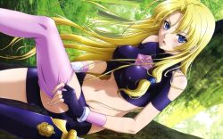 Rule 34 | 1girl, angry, bare shoulders, blonde hair, blue eyes, blush, breasts, densetsu no yuusha no densetsu, dressing, covered erect nipples, ferris eris, fingerless gloves, gloves, large breasts, legs, long hair, looking at viewer, midriff, navel, open mouth, sitting, solo, sword, thighs, tree, weapon