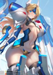 Rule 34 | 1girl, blazblue, blonde hair, blue eyes, breasts, brick (atelier brick), crotch plate, elbow gloves, forehead protector, gloves, headgear, long hair, looking at viewer, mecha musume, mu-12, navel, revealing clothes, sidelocks, skindentation, small breasts, solo, underboob