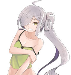 Rule 34 | 10s, 1girl, ahoge, asashimo (kancolle), bare shoulders, breast hold, breasts, camisole, cleavage, clenched teeth, hair over one eye, kantai collection, konnyaku (kk-monmon), long hair, side ponytail, silver hair, simple background, small breasts, solo, strap slip, tears, teeth, very long hair, white background, wince, yellow eyes