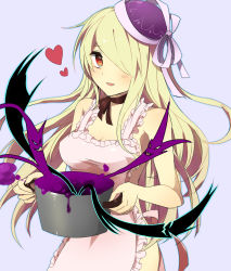 Rule 34 | 1girl, apron, bad food, bad id, bad pixiv id, bare shoulders, blonde hair, blush, breasts, choker, cleavage, darkness, frilled apron, frills, hair over one eye, hat, hat ribbon, heart, highres, holding, long hair, naked apron, niyasuke (yama), open mouth, outline, pandora (p&amp;d), pot, purple background, puzzle &amp; dragons, red eyes, ribbon, sideboob, simple background, smile, solo, very long hair