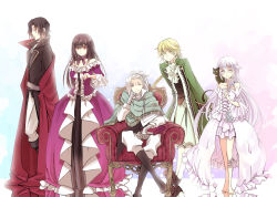 Rule 34 | 00s, 2girls, 3boys, bare shoulders, barefoot, bell line gown, blonde hair, book, boots, bow, braid, brother and sister, brown hair, cape, capelet, cheshire cat (pandora hearts), choker, couch, detached sleeves, dress, earrings, flower, formal, frilled dress, frills, gloves, gown, green eyes, jack vessalius, jewelry, lacie baskerville, long hair, mini style gown, mitsubi, multiple boys, multiple girls, oswald baskerville, pandora hearts, ponytail, purple eyes, red eyes, levi baskerville, shawl, short hair, siblings, sitting, smile, white hair, will of the abyss