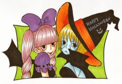 Rule 34 | 2girls, bat wings, blonde hair, bow, cape, halloween, hat, multiple girls, nanako (skr7k), one piece, perona, pink hair, stitches, thriller bark, tongue, twintails, victoria cindry, wings, witch, witch hat, zombie