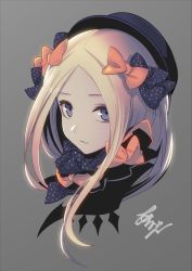 Rule 34 | 1girl, abigail williams (fate), arikanrobo, black bow, black hat, blonde hair, blue eyes, bow, commentary request, fate/grand order, fate (series), grey background, hair bow, hat, highres, long hair, looking at viewer, orange bow, parted bangs, parted lips, polka dot, polka dot bow, portrait, signature, simple background, solo