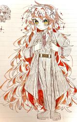 Rule 34 | 1444tmt, 1girl, coat, full body, green eyes, hair ribbon, hairband, highres, ink (medium), limbus company, long hair, looking at viewer, necktie, orange hair, project moon, red necktie, ribbon, shirt, sketchbook, solo, sparkle, traditional media, white shirt