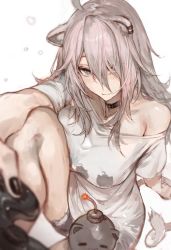 Rule 34 | 1girl, absurdres, animal ears, black nails, choker, dokuro deluxe, ear piercing, grey eyes, grey hair, hair over one eye, highres, hololive, lion ears, lion girl, lion tail, long hair, looking at viewer, messy hair, nail polish, off-shoulder shirt, off shoulder, piercing, shirt, shishiro botan, shishiro botan (casual), simple background, sitting, solo, ssrb (shishiro botan), t-shirt, tail, virtual youtuber, white background, white shirt