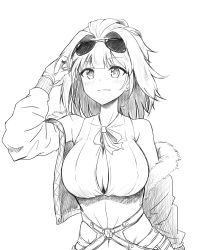 Rule 34 | 1girl, absurdres, arm up, blush, breasts, cleavage, cleavage cutout, closed mouth, clothing cutout, commentary, eyewear on head, fur-trimmed jacket, fur trim, girls&#039; frontline, gloves, greyscale, grizzly mkv (girls&#039; frontline), gukukimu, hair between eyes, highres, jacket, large breasts, monochrome, navel, ribbon, short hair, simple background, solo, standing, sunglasses, sunglasses on head, upper body, white background