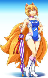 Rule 34 | 1girl, adapted costume, animal ears, bare shoulders, blonde hair, boots, breasts, fox ears, fox tail, full body, gradient background, kagelantern, looking at viewer, multiple tails, race queen, short hair, shorts, smile, solo, standing, tail, touhou, yakumo ran, yellow eyes