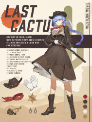 Rule 34 | 1girl, alternate costume, aqua eyes, black hat, boots, braid, brown footwear, brown skirt, cotta (heleif), cowboy boots, cowboy hat, earrings, english text, full body, gloves, gun, hair between eyes, hat, head wings, highres, holding, holding gun, holding weapon, honkai: star rail, honkai (series), jewelry, lace, lace gloves, long hair, long skirt, parted lips, robin (honkai: star rail), skirt, solo, standing, weapon, white gloves, white wings, wings