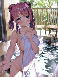Rule 34 | 1girl, absurdres, arm between breasts, between breasts, blush, breasts, closed mouth, covering privates, cowboy shot, double bun, hair bun, hand on own chest, highres, holding hands, kantoku, kurumi (kantoku), large breasts, looking at viewer, medium hair, naked towel, nude cover, onsen, original, outdoors, pink eyes, pink hair, pov, scan, short twintails, sidelocks, smile, solo focus, standing, steam, towel, twintails, wet