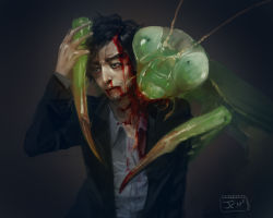 Rule 34 | 1boy, arm up, artist name, bad id, bad pixiv id, beard, biting, black eyes, black hair, blood, blood on clothes, blood on face, collared shirt, commentary, facial hair, formal, injury, jacket, jcm2, long sleeves, male focus, open clothes, original, praying mantis, realistic, shirt, short hair, suit