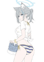 Rule 34 | 1girl, animal ear fluff, animal ears, ass, ayane (blue archive), ayane (swimsuit) (blue archive), bikini, bikini under clothes, blue archive, blue eyes, blue shorts, blush, bracelet, butt crack, cross, cross hair ornament, crossed bangs, denim, denim shorts, earrings, extra ears, flat color, from behind, grey hair, hair between eyes, hair ornament, halo, halterneck, high ponytail, highres, inverted cross, jewelry, looking at viewer, masabodo, medium hair, mismatched pupils, open mouth, parted lips, ponytail, shiroko (blue archive), shirt, short shorts, short sleeves, shorts, sidelocks, simple background, solo, standing, striped bikini, striped clothes, stud earrings, swimsuit, tied shirt, unworn shorts, white background, white shirt, wolf ears