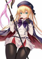 Rule 34 | 1girl, artoria caster (fate), artoria caster (second ascension) (fate), artoria pendragon (fate), bad id, bad twitter id, belt, beret, black gloves, black pantyhose, blonde hair, blue cape, blue hat, blush, breasts, buttons, cape, double-breasted, dress, fate/grand order, fate (series), gloves, green eyes, harimoji, hat, holding, holding staff, hood, hooded cape, long hair, long sleeves, looking at viewer, multicolored cape, multicolored clothes, pantyhose, red cape, small breasts, smile, solo, staff, thighs, twintails, white dress