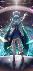 Rule 34 | 1girl, absurdres, aqua hair, arm up, audience, backlighting, black headwear, blue dress, blue headwear, boots, bow, commentary, concert, confetti, diffraction spikes, dress, from behind, full body, gloves, glowstick, hair ornament, hat, hat bow, hatsune miku, highres, holding, holding wand, itogari, knee boots, light particles, long hair, magical mirai (vocaloid), magical mirai miku, magical mirai miku (2013), outstretched arm, penlight (glowstick), rainbow, standing, star (symbol), star hair ornament, top hat, twintails, very long hair, vocaloid, wand, waving, white gloves