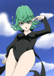 Rule 34 | 1girl, black dress, cloud, collarbone, collared dress, covered erect nipples, covered navel, cowboy shot, dress, female focus, green eyes, green hair, groin, hand on own hip, highleg, highleg dress, kndhentai, looking at viewer, navel, nipples, one-punch man, open mouth, short hair, sky, solo, tatsumaki, thighs