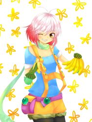 Rule 34 | 1girl, ahoge, antenna hair, artist request, banana, blue shirt, blush, bob cut, breasts, cleavage, collarbone, food, fruit, gloves, grin, looking at viewer, multicolored hair, one eye closed, pascal (tales), pascal (tales), puffy sleeves, red hair, scarf, shirt, short hair, shorts, smile, suspenders, tales of (series), tales of graces, thighhighs, toothy grin, two-tone hair, white background, white hair, wink, yellow eyes