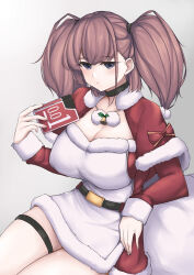 Rule 34 | 1girl, absurdres, atlanta (kancolle), belt, black belt, breasts, brown hair, capelet, dress, fur-trimmed capelet, fur-trimmed dress, fur-trimmed sleeves, fur trim, grey eyes, highres, jiangyou dang, kantai collection, large breasts, long hair, long sleeves, official alternate costume, red capelet, santa costume, short dress, sitting, solo, thigh strap, two side up