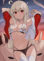 Rule 34 | 1girl, aged up, ahoge, armpits, arms up, bare shoulders, bikini, biting own lip, black panties, black shorts, breasts, cleavage, collarbone, commentary request, feathers, genshin impact, grey choker, hair between eyes, highleg, highleg panties, highres, jacket, klee (genshin impact), korean commentary, light brown hair, long hair, looking at viewer, medium breasts, micro shorts, navel, open clothes, open jacket, panties, pointy ears, red eyes, red jacket, short sleeves, shorts, skindentation, skyhood, smile, solo, sunset, swimsuit, thighhighs, underwear, very long hair, white feathers, white thighhighs