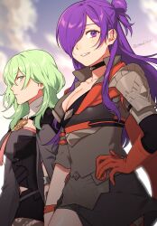 Rule 34 | 2girls, armor, black choker, black skirt, breasts, choker, cleavage, clothing cutout, cloud, collarbone, commentary, english commentary, enlightened byleth (female), fire emblem, fire emblem: three houses, fire emblem warriors: three hopes, gloves, green eyes, green hair, grey shirt, grin, hair between eyes, hair bun, hair over one eye, half updo, hand on own hip, highres, large breasts, long hair, looking at viewer, medium breasts, miniskirt, multiple girls, navel, navel cutout, nintendo, orange gloves, outdoors, peach11 01, purple eyes, purple hair, shez (female) (fire emblem), shez (fire emblem), shirt, single hair bun, skirt, smile, upper body