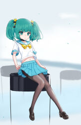 Rule 34 | 1girl, :&lt;, acfun, black footwear, black pantyhose, blunt bangs, blurry, blurry background, blush, bow, bowtie, chaowei suzhi, flat chest, full body, green eyes, green hair, green sailor collar, green skirt, grey background, hair bow, hair ornament, highres, loafers, looking down, medium hair, midriff, miniskirt, navel, pantyhose, pleated skirt, reed girl, sailor collar, school uniform, serafuku, shoes, short eyebrows, short sleeves, sitting, sitting on object, skirt, skirt hold, solo, third-party source, twintails, white serafuku, yellow bow, yellow bowtie