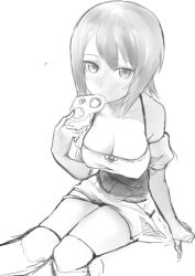 Rule 34 | 10s, 1girl, breasts, cleavage, dirndl, covered erect nipples, food, german clothes, girls und panzer, goji (five clock), greyscale, monochrome, nishizumi maho, pretzel, short hair, sitting, sketch, solo