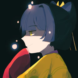 Rule 34 | 1girl, black background, black hair, facing to the side, hand on own chin, japanese clothes, kimon noroi, kimono, long sleeves, looking to the side, nabob, pale skin, profile, short hair, sleeves past fingers, sleeves past wrists, smirk, solo, tower of hanoi, yellow eyes