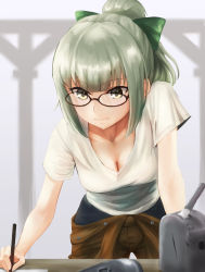 Rule 34 | &gt;:), 10s, 1girl, blunt bangs, blurry, blurry background, bow, breasts, brown-framed eyewear, brown pants, cleavage, closed mouth, collarbone, cowboy shot, downblouse, foreshortening, glasses, green bow, green eyes, green hair, hair bow, highres, holding, holding pen, kantai collection, kokuzou, leaning forward, long hair, medium breasts, pants, pen, shirt, short sleeves, smile, solo, standing, table, turret, v-shaped eyebrows, white shirt, writing, yuubari (kancolle)