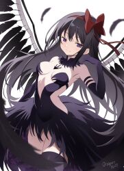 1girl akemi_homura akuma_homura argyle_clothes argyle_thighhighs bare_shoulders black_gloves black_hair black_wings bow choker dress elbow_gloves feathered_wings feathers gloves hair_bow highres long_hair mahou_shoujo_madoka_magica mahou_shoujo_madoka_magica:_hangyaku_no_monogatari nagare_(flow) purple_eyes simple_background skirt smile solo thighhighs white_background wings