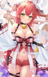 Rule 34 | 1girl, :o, absurdres, ahoge, bare shoulders, bell, black choker, blush, breasts, choker, cleavage, cowboy shot, crop top, detached sleeves, garter straps, green eyes, hair ornament, hairclip, hand up, highres, hip vent, hololive, jingle bell, large breasts, long hair, looking at viewer, micro shorts, midriff, navel, nontraditional miko, open fly, parted lips, pink hair, red hair, red shirt, red shorts, sakura miko, sakura miko (work), shirt, short hair, short shorts, shorts, solo, standing, stomach, thigh strap, thighs, two side up, uni ikura, virtual youtuber, wide sleeves