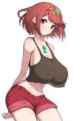 Rule 34 | alternate costume, breasts, cleavage, gonzarez, highres, large breasts, midriff, navel, no bra, pyra (xenoblade), red eyes, red hair, red shorts, shorts, simple background, tank top, white background, xenoblade chronicles (series), xenoblade chronicles 2
