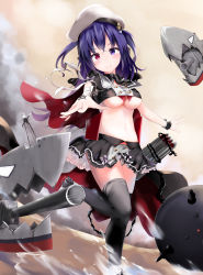 Rule 34 | 1girl, absurdres, azur lane, ball and chain (weapon), bandeau, black cape, black necktie, black skirt, black thighhighs, blush, breasts, cape, chain, closed mouth, commentary request, flail, hat, heterochromia, highres, huge filesize, kuromiko shoujo, leg up, long hair, looking at viewer, machinery, mast, medium breasts, midriff, miniskirt, morning star, navel, necktie, outstretched arm, panties, pantyshot, peaked cap, purple eyes, purple hair, red eyes, ribbon, short necktie, skirt, smile, solo, spiked ball and chain, standing, standing on one leg, star (symbol), tattoo, thighhighs, torpedo, torpedo tubes, turret, two side up, underboob, underwear, v-shaped eyebrows, water, weapon, white hat, white panties, white ribbon, wing collar, wrist cuffs, wrist ribbon, z36 (azur lane)