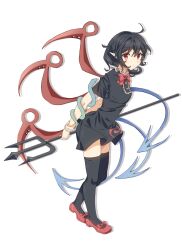 Rule 34 | 1girl, black dress, black hair, black thighhighs, bow, breasts, chinese commentary, closed mouth, commentary request, dress, full body, highres, holding trident, houjuu nue, jian xing zao, neck ribbon, pointy ears, red bow, red eyes, red footwear, red ribbon, ribbon, short hair, short sleeves, simple background, small breasts, solo, thighhighs, touhou, white background