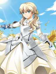 Rule 34 | 10s, 1girl, armor, armored dress, blonde hair, blue eyes, dress, excalibur galatine (fate), fate/extra, fate (series), feather19, flower, gauntlets, gawain (fate), gender request, genderswap, sunflower, sword, twintails, weapon