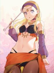 Rule 34 | 1girl, :o, arabian clothes, bare shoulders, blonde hair, breasts, brown pantyhose, choker, collarbone, commentary request, detached sleeves, dragon quest, dragon quest xi, earrings, forehead, gluteal fold, gradient background, hairband, highres, holding, jewelry, long hair, long sleeves, looking at viewer, nail polish, navel, necklace, orange nails, pantyhose, parted lips, pink background, purple choker, purple eyes, purple hairband, revision, sarong, senya (dq11), shibainu, small breasts, solo, stomach, thigh gap, thong