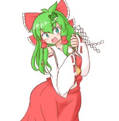 Rule 34 | blush, bow, cosplay, costume switch, detached sleeves, frog hair ornament, green eyes, green hair, hair bow, hair ornament, hakurei reimu, hakurei reimu (cosplay), holding, kochiya sanae, looking at viewer, mizusoba, open mouth, simple background, skirt, smile, touhou, white background