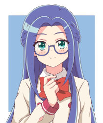 Rule 34 | 1girl, bad id, bad pixiv id, blue-framed eyewear, blue background, blue hair, blush, border, bow, bowtie, braid, buttons, closed mouth, collared shirt, commentary, double-breasted, glasses, green eyes, hand up, highres, ichigo junior high uniform, imai kotoko, long hair, long sleeves, looking at viewer, mewkledreamy, mole, mole under eye, outside border, red bow, red bowtie, red button, school uniform, shirt, smile, solo, star (symbol), star in eye, symbol in eye, upper body, white border, white shirt, zeta (24904340)