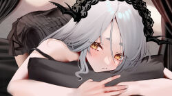 Rule 34 | 1girl, all fours, bare shoulders, black camisole, black horns, blush, camisole, closed mouth, commentary request, commission, grey hair, hair between eyes, hairband, highres, horns, indie virtual youtuber, indoors, looking at viewer, lulu petit, hugging object, off shoulder, oreazu, pillow, pillow hug, skeb commission, solo, thick eyebrows, virtual youtuber, yellow eyes