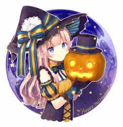 Rule 34 | 1girl, black gloves, black hair, black shirt, blue eyes, blue ribbon, blunt bangs, blush, closed mouth, commentary request, detached collar, doily, food, frills, gloves, glowing, halloween, happy halloween, hat, hat ribbon, holding, holding food, holding pumpkin, holding vegetable, jack-o&#039;-lantern, lace, long hair, looking up, neck ribbon, original, pink hair, pointy ears, puffy short sleeves, puffy sleeves, pumpkin, ribbon, sakuramochi n, shirt, short sleeves, smile, solo, star (symbol), striped ribbon, striped sleeves, upper body, vegetable, witch hat