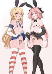 Rule 34 | 2boys, :d, :o, absurdres, animal ears, astolfo (fate), bare shoulders, bikini, black bikini, black bow, black bowtie, black gloves, black skirt, black thighhighs, blonde hair, blue eyes, blue necktie, bow, bowtie, chastity cage, clothes lift, crossdressing, crossover, earrings, elbow gloves, fake animal ears, fate/grand order, fate (series), flat chastity cage, gloves, headband, highres, jewelry, kantai collection, lamsass, lifting own clothes, long hair, looking at viewer, male focus, multiple boys, necktie, open mouth, penis, pink eyes, pink hair, rabbit ears, red thighhighs, shimakaze-kun, shimakaze (kancolle), simple background, skirt, skirt lift, small penis, smile, striped clothes, striped legwear, striped thighhighs, swimsuit, thighhighs, trap, white background, white gloves, white thighhighs
