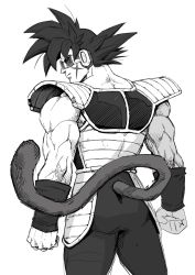 Rule 34 | 1boy, absurdres, armor, ass, bardock, clenched hands, commentary, dragon ball, dragon ball super, english commentary, facial scar, from behind, greyscale, guillem dauden, highres, looking to the side, male focus, monkey tail, monochrome, muscular, saiyan armor, scar, scar on cheek, scar on face, scouter, serious, simple background, sketch, skin tight, spiked hair, tail, white background