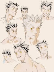 Rule 34 | 1boy, black hair, bokuto koutarou, brown background, chengongzi123, chinese commentary, closed mouth, grey hair, grin, haikyuu!!, highres, looking at viewer, looking back, looking to the side, male focus, multicolored hair, multiple views, open mouth, portrait, sharp teeth, short hair, simple background, smile, streaked hair, teeth, thick eyebrows, tongue, tongue out, uneven eyes, very short hair, yellow eyes