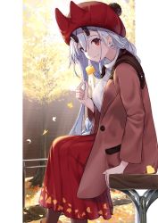 Rule 34 | 1girl, autumn, autumn leaves, beanie, bench, breasts, brown jacket, commentary request, day, fake horns, fate/grand order, fate (series), feet out of frame, ginkgo tree, ginkgo leaf, hair between eyes, hat, highres, holding, holding leaf, horned headwear, horns, jacket, leaf, leaf print, long hair, long sleeves, looking at viewer, medium breasts, oni, oni horns, outdoors, pantyhose, pom pom (clothes), red eyes, red skirt, silver hair, sitting, skirt, smile, solo, takubon, tomoe gozen (fate), tree