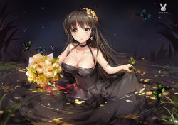 Rule 34 | 1girl, artist name, bare arms, bare shoulders, black dress, black neckwear, blush, bouquet, breasts, brown hair, bug, butterfly, choker, cleavage, collarbone, dress, earrings, flower, hair flower, hair ornament, holding, holding bouquet, insect, jewelry, large breasts, lily pad, long hair, looking at viewer, night, open mouth, original, partially submerged, plant, ripples, rose, skirt hold, sleeveless, sleeveless dress, solo, tracyton, water, water drop, yellow eyes, yellow flower, yellow rose